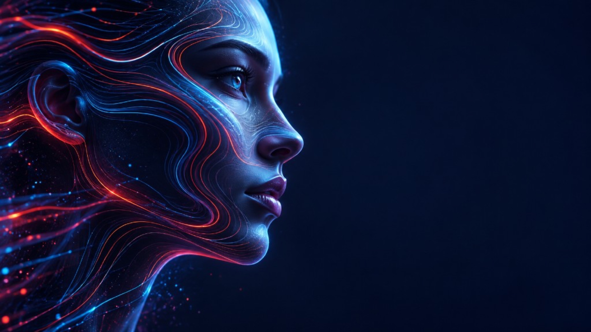 Profil d’une figure IA en filaments néon, face à un champ sombre — couverture.
